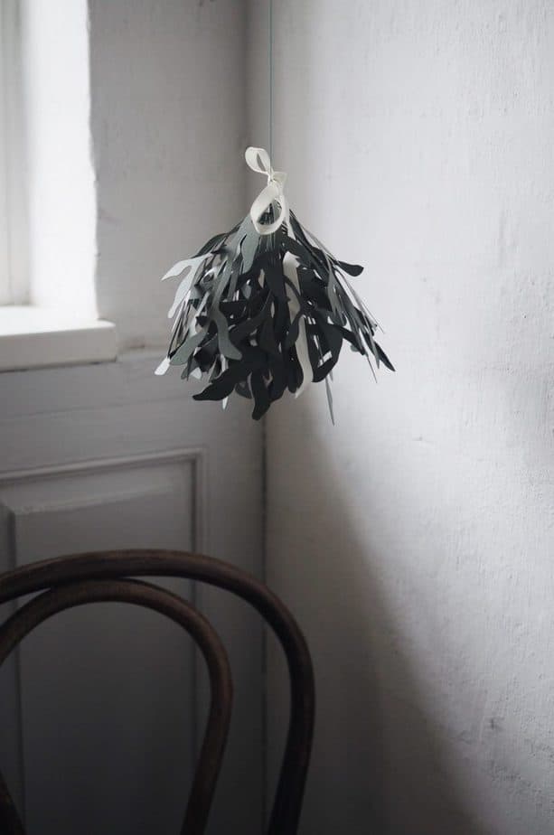 minimalist Christmas decor with mistletoe paper ornament - add a silk bow for extra detail