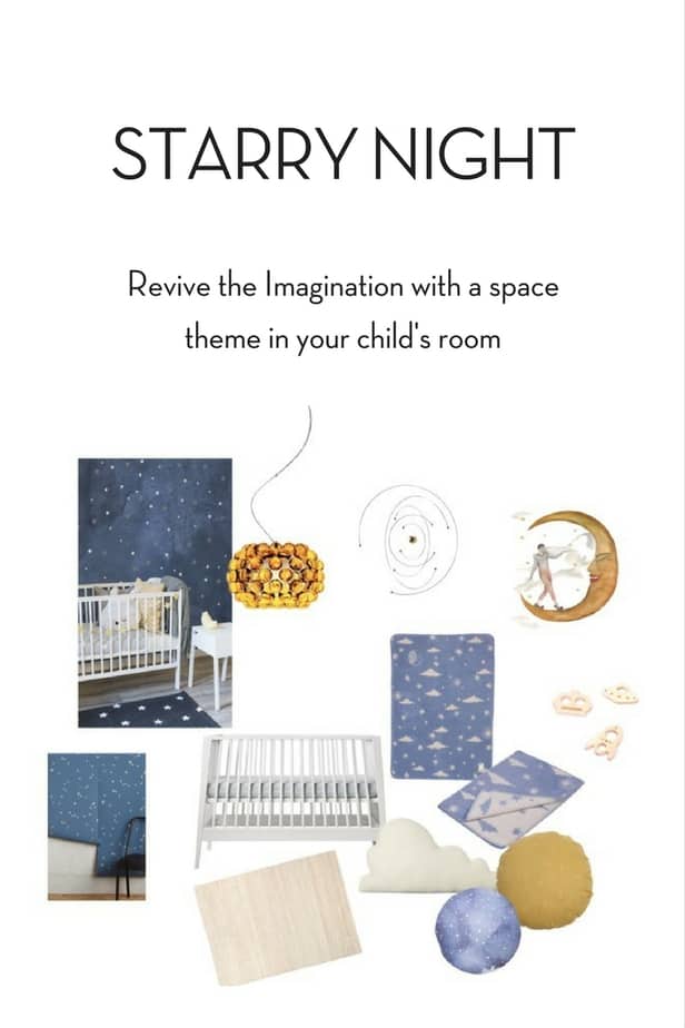 Starry Night space theme for kid's room decor - get the ideas for how to decorate with soft blue and curry yellow